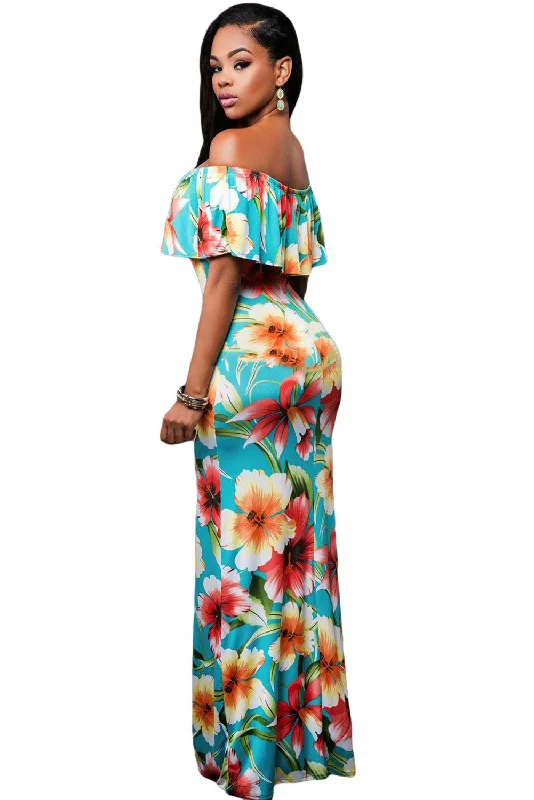 JuliaFashion - 2024 Turquoise Roses Print Off-the-shoulder Maxi Dress Fashionable Off-Shoulder Maxi Dress JuliaFashion - 2024 Turquoise Roses Print Off-the-shoulder Maxi Dress Fashionable Off-Shoulder Maxi Dress