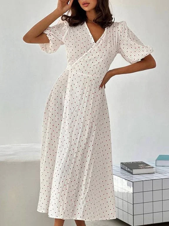 V Neck Puff Sleve Tie UP Maxi Dress Trendy Maxi Dress with Belt