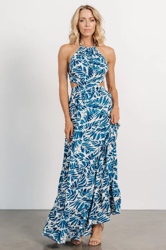 Brett Halter Maxi Dress | Cobalt Print Elegant Maxi Dress with Drapes