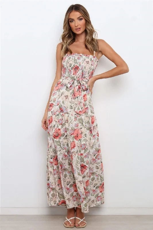 Lilyanne Floral Smocked Tie Strap Maxi Dress - Blush Multi Comfortable Plunging Neckline Maxi Dress
