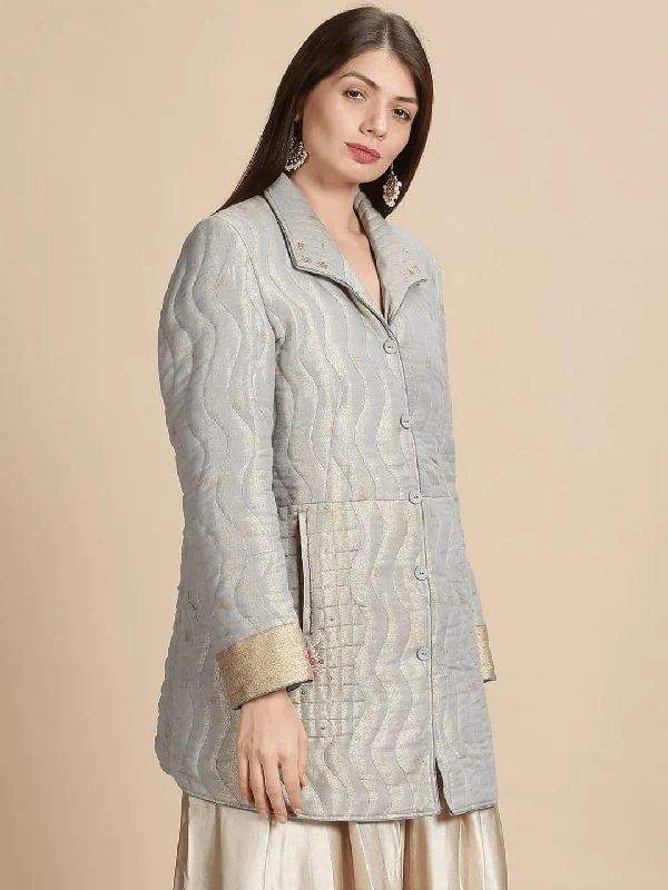 Grey Banarsi Zari Quilted Jacket Oversized Jacket Tailored Jacket Straight Jacket