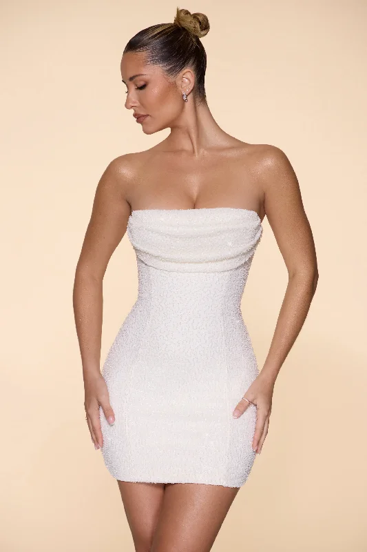 Embellished Strapless Cowl Neck Mini Dress in Ivory Comfortable One-Shoulder Mini Dress Embellished Strapless Cowl Neck Mini Dress in Ivory Comfortable One-Shoulder Mini Dress