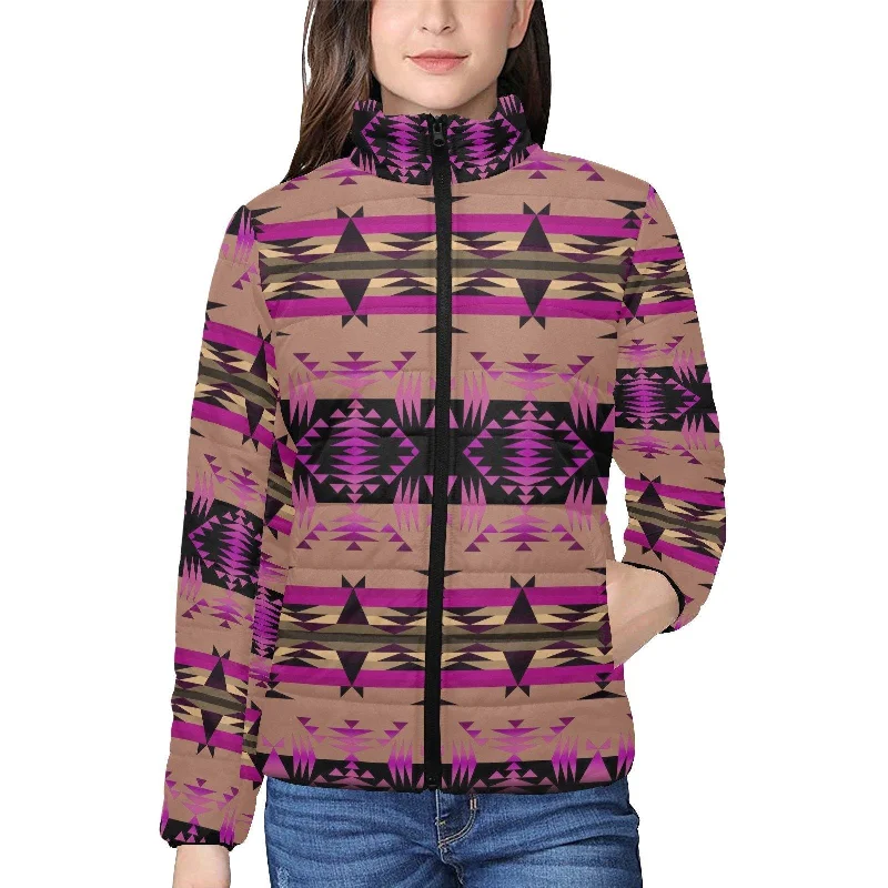 Between the Mountains Berry Women's Stand Collar Padded Jacket Welt Pockets Slit Pockets Flap Pockets Between the Mountains Berry Women's Stand Collar Padded Jacket Welt Pockets Slit Pockets Flap Pockets