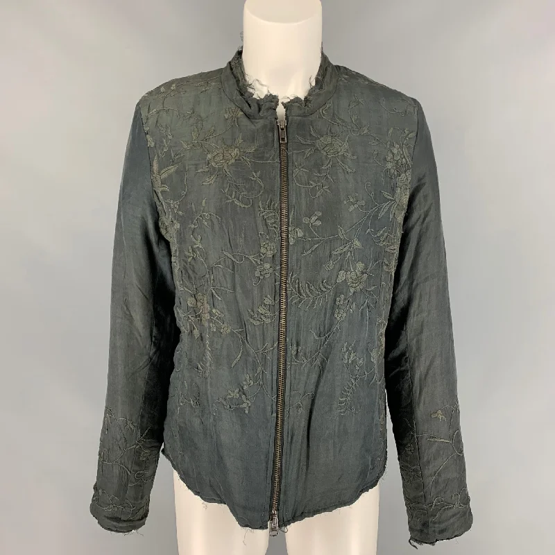 BY WALID Size M Dark Gray Silk Embroidered Jacket Front Pockets Side Pockets Patch Pockets BY WALID Size M Dark Gray Silk Embroidered Jacket Front Pockets Side Pockets Patch Pockets