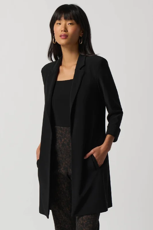 Joseph Ribkoff 233304 Black Long Line Blazer Jacket Zip Front Button Front Snap Front Joseph Ribkoff 233304 Black Long Line Blazer Jacket Zip Front Button Front Snap Front
