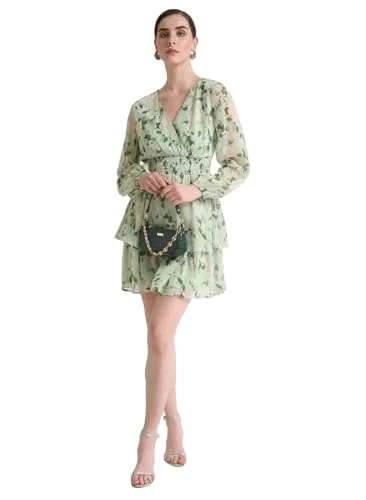 Kazo Women's Chiffon Fit and Flare Mini Dress (125373_Green Off White Combo Fashionable Lace-Trim Mini Dress Kazo Women's Chiffon Fit and Flare Mini Dress (125373_Green Off White Combo Fashionable Lace-Trim Mini Dress