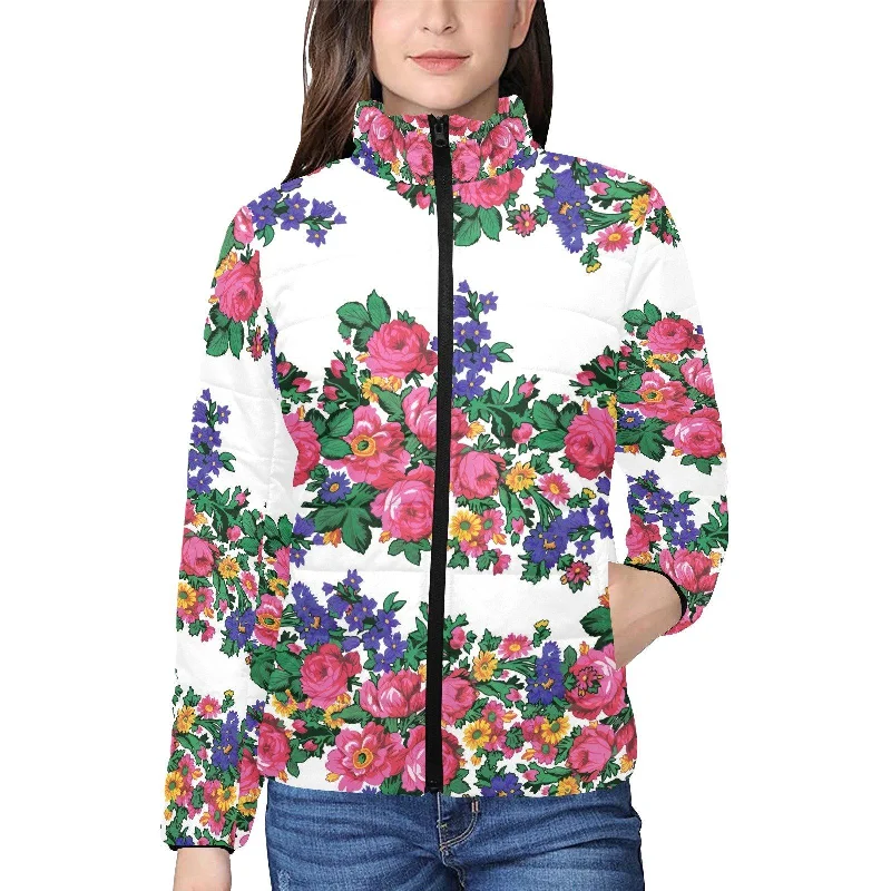 Kokum's Revenge White Women's Stand Collar Padded Jacket Zippered Front Buttoned Front Snap Front Kokum's Revenge White Women's Stand Collar Padded Jacket Zippered Front Buttoned Front Snap Front