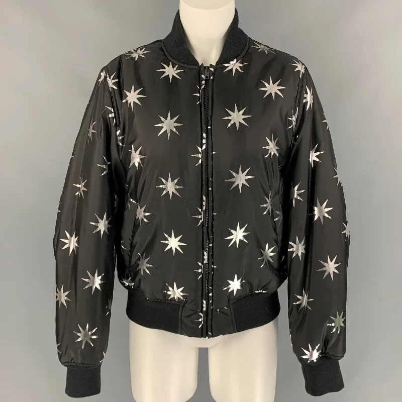 LOVE MOSCHINO Size 6 Black & Silver Star Print Polyester Bomber Jacket Print Jacket Jacquard Jacket Embroidered Jacket