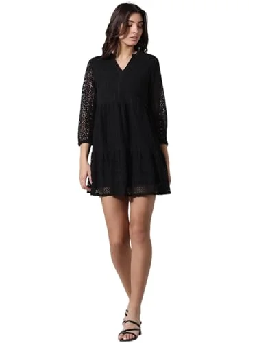 ONLY Women's Cotton Blend A-Line Mini Dress (15335810-Jet Black_Jet Trendy Tie-Dye Mini Dress ONLY Women's Cotton Blend A-Line Mini Dress (15335810-Jet Black_Jet Trendy Tie-Dye Mini Dress