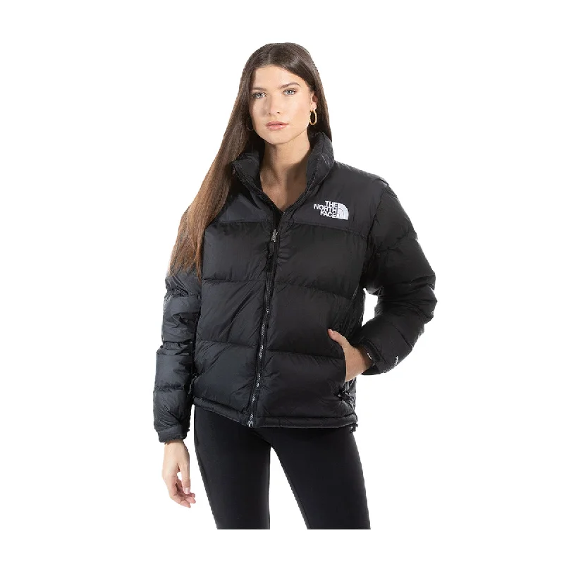 The North Face Womens 1996 Retro Nuptse Jacket NF0A3XEO-LE4 Recycled Black Zippered Front Buttoned Front Snap Front The North Face Womens 1996 Retro Nuptse Jacket NF0A3XEO-LE4 Recycled Black Zippered Front Buttoned Front Snap Front