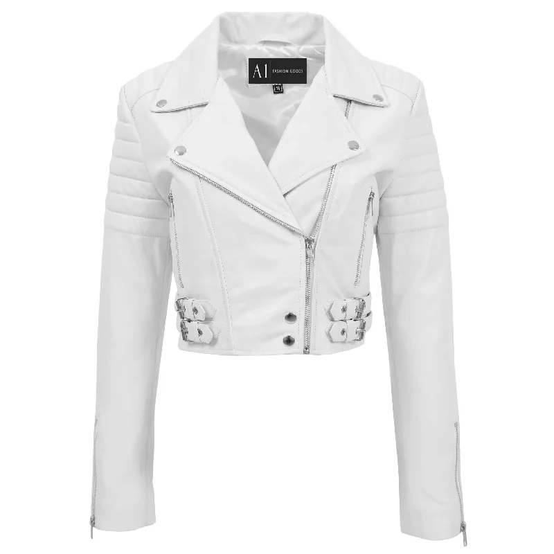 Womens Fitted Cropped Bustier Style Leather Jacket Amanda White Welt Pockets Slit Pockets Flap Pockets Womens Fitted Cropped Bustier Style Leather Jacket Amanda White Welt Pockets Slit Pockets Flap Pockets