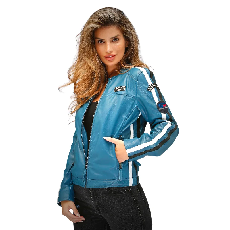 Women's Lambskin Leather Racing Jacket in Challenge Blue **SOLD OUT** Nylon Jacket Polyester Jacket Spandex Jacket Women's Lambskin Leather Racing Jacket in Challenge Blue **SOLD OUT** Nylon Jacket Polyester Jacket Spandex Jacket