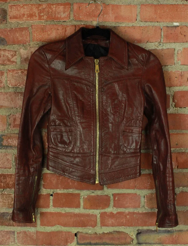 Women's Vintage Early 70's East West Musical Instruments Brown Leather Jacket - XXS Herringbone Jacket Checkered Jacket Solid Jacket Women's Vintage Early 70's East West Musical Instruments Brown Leather Jacket - XXS Herringbone Jacket Checkered Jacket Solid Jacket