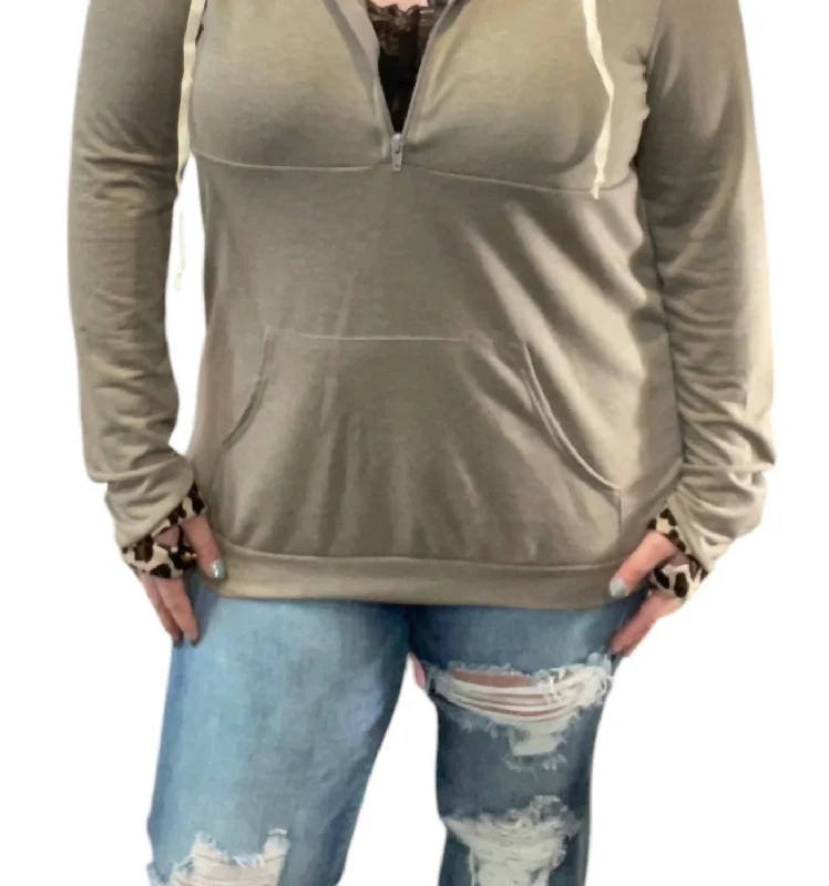 Animal Print Kangaroo Pocket Hoodie In Olive Hoodie with Tied Waist Feminine Flattering Animal Print Kangaroo Pocket Hoodie In Olive Hoodie with Tied Waist Feminine Flattering