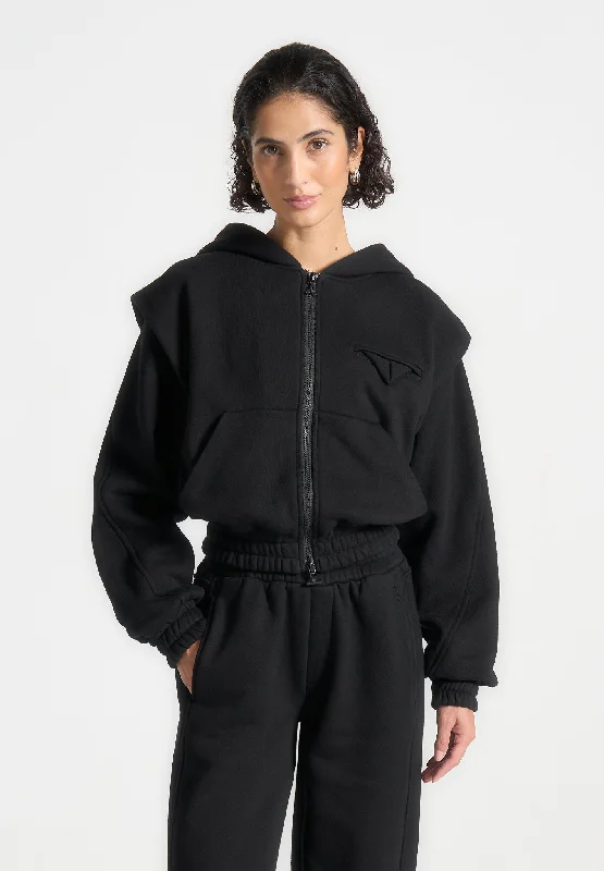 Éternelle Wide Shoulder Zip Through Hoodie - Black Hoodie with Elastic Cuffs Stretchable Comfortable Éternelle Wide Shoulder Zip Through Hoodie - Black Hoodie with Elastic Cuffs Stretchable Comfortable