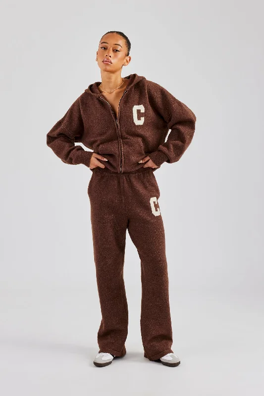 Hooded Zip Through Knitted Tracksuit - Chocolate Hoodie with V-Neck Classic Versatile Hooded Zip Through Knitted Tracksuit - Chocolate Hoodie with V-Neck Classic Versatile