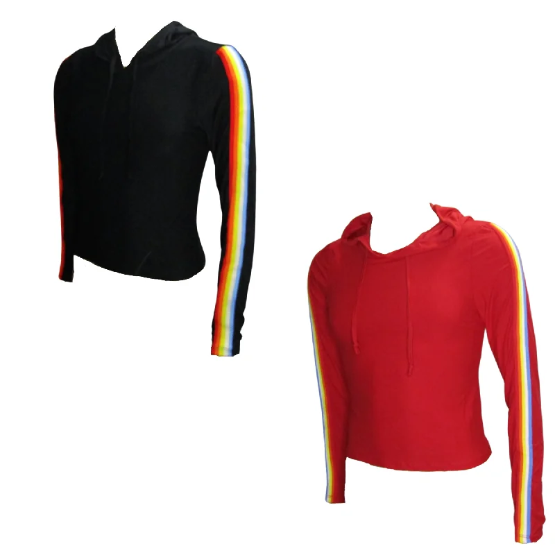 Ladies LS Hoodie Top W/ Multi-Color Stripe Taping Sleeves Hoodie with Thumb Holes Functional Cozy Ladies LS Hoodie Top W/ Multi-Color Stripe Taping Sleeves Hoodie with Thumb Holes Functional Cozy