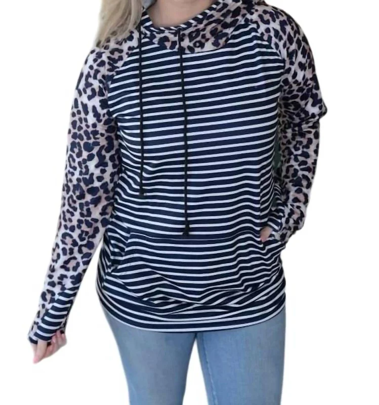Leopard & Striped Double Hoodie In Blue/white Hoodie with Drawstring Waist Adjustable Fitted Leopard & Striped Double Hoodie In Blue/white Hoodie with Drawstring Waist Adjustable Fitted