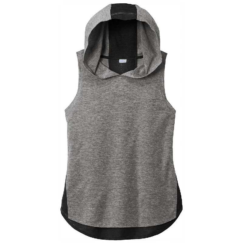Sport-Tek Women's Black/Dark Grey Heather PosiCharge Tri-Blend Wicking Draft Hoodie Tank Hoodie with Contrast Stitching Detailed Premium Sport-Tek Women's Black/Dark Grey Heather PosiCharge Tri-Blend Wicking Draft Hoodie Tank Hoodie with Contrast Stitching Detailed Premium