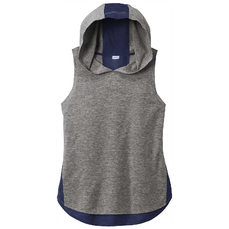 Sport-Tek Women's True Navy/Dark Grey Heather PosiCharge Tri-Blend Wicking Draft Hoodie Tank Hoodie with Neon Bright Vibrant Sport-Tek Women's True Navy/Dark Grey Heather PosiCharge Tri-Blend Wicking Draft Hoodie Tank Hoodie with Neon Bright Vibrant