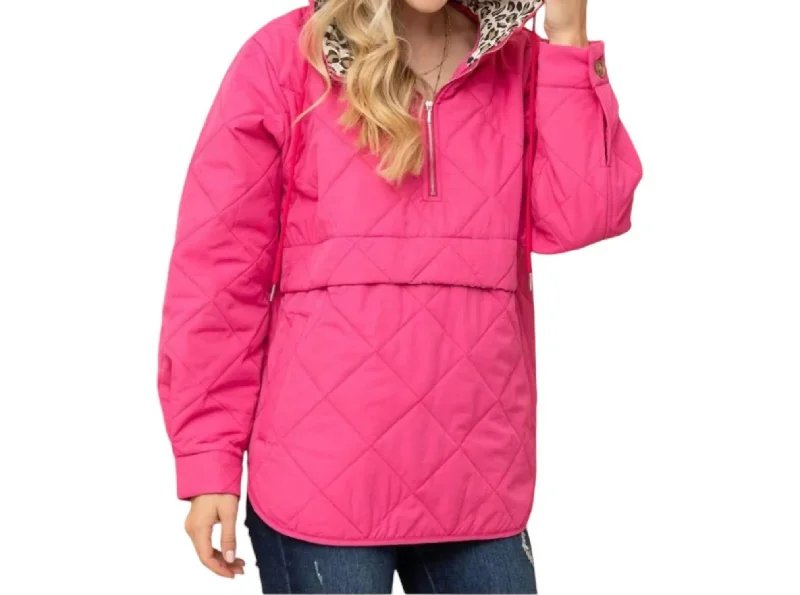 Quilted Half Zip Up Leopard Detailed Hoodie In Fuchsia Hoodie with Emblem Brand Identity Quilted Half Zip Up Leopard Detailed Hoodie In Fuchsia Hoodie with Emblem Brand Identity