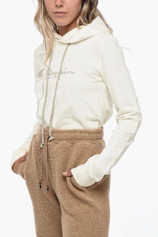 Rick Owens CHAMPION Cotton Hoodie with Bodysuit Design Hoodie with Hem Frayed Vintage Worn Rick Owens CHAMPION Cotton Hoodie with Bodysuit Design Hoodie with Hem Frayed Vintage Worn