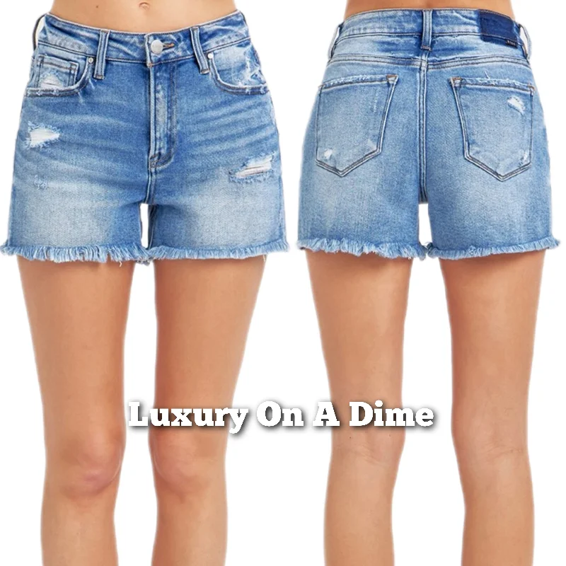RISEN Frayed High Rise Waist Distressed Cut-off Denim Mid-length Blue Jean Shorts Trendy Patchwork Denim Jeans RISEN Frayed High Rise Waist Distressed Cut-off Denim Mid-length Blue Jean Shorts Trendy Patchwork Denim Jeans