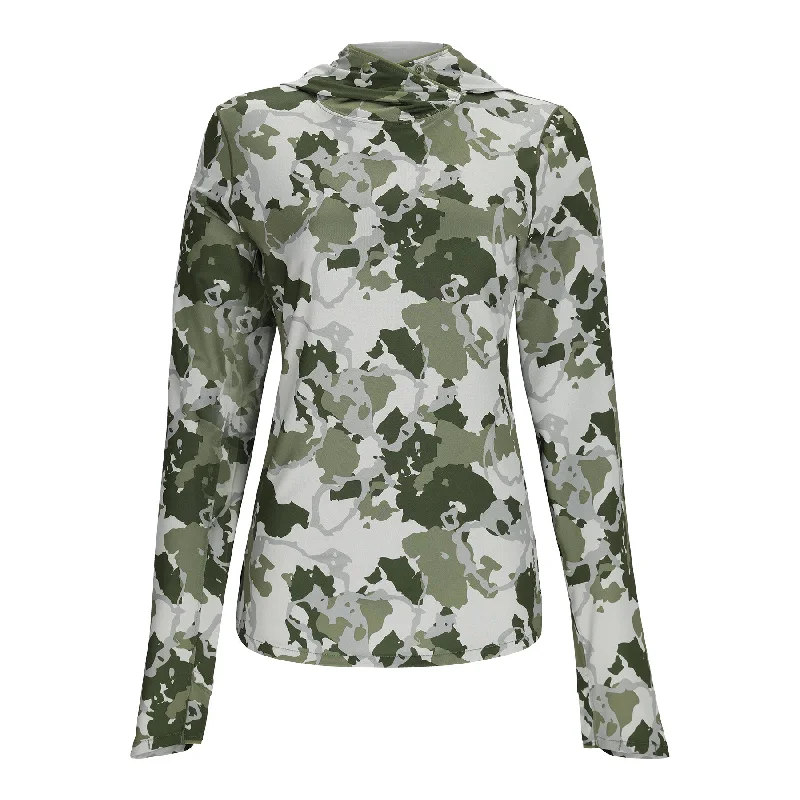Simms Womens SolarFlex UPF50 Hoody | Regiment Camo Clover Hoodie with Slit Hem Functional Movement Simms Womens SolarFlex UPF50 Hoody | Regiment Camo Clover Hoodie with Slit Hem Functional Movement