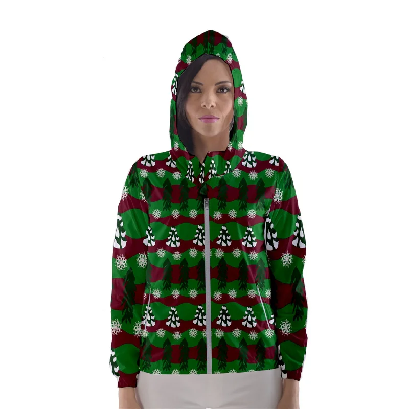 snowy evergreen pattern Women's Hooded Windbreaker Hoodie with Slit Hem Functional Movement snowy evergreen pattern Women's Hooded Windbreaker Hoodie with Slit Hem Functional Movement