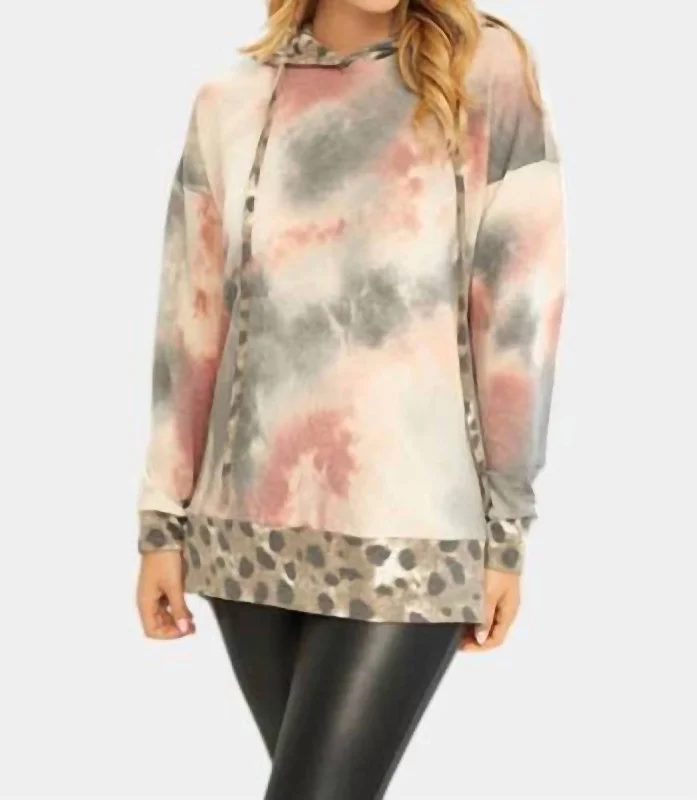 Tie Dye & Leopard Hoodie In Charcoal/mauve Hoodie with Hidden Zipper Minimalist Clean Tie Dye & Leopard Hoodie In Charcoal/mauve Hoodie with Hidden Zipper Minimalist Clean