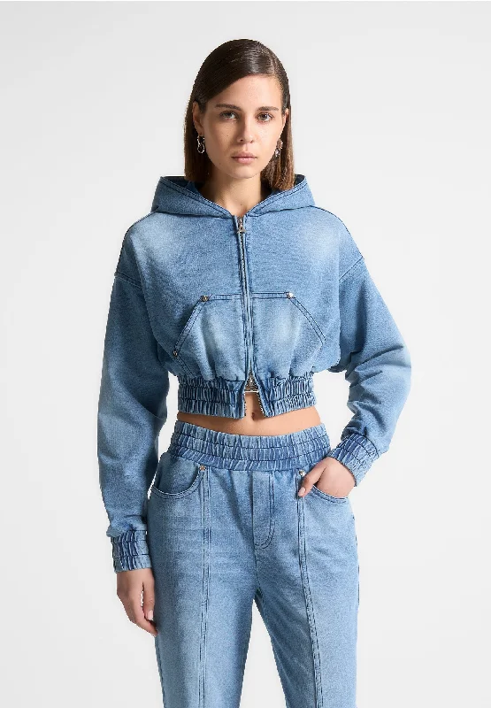 Washed Denim Jersey Hoodie - Mid Blue Hoodie with Hem Raw Edge Edgy Unfinished