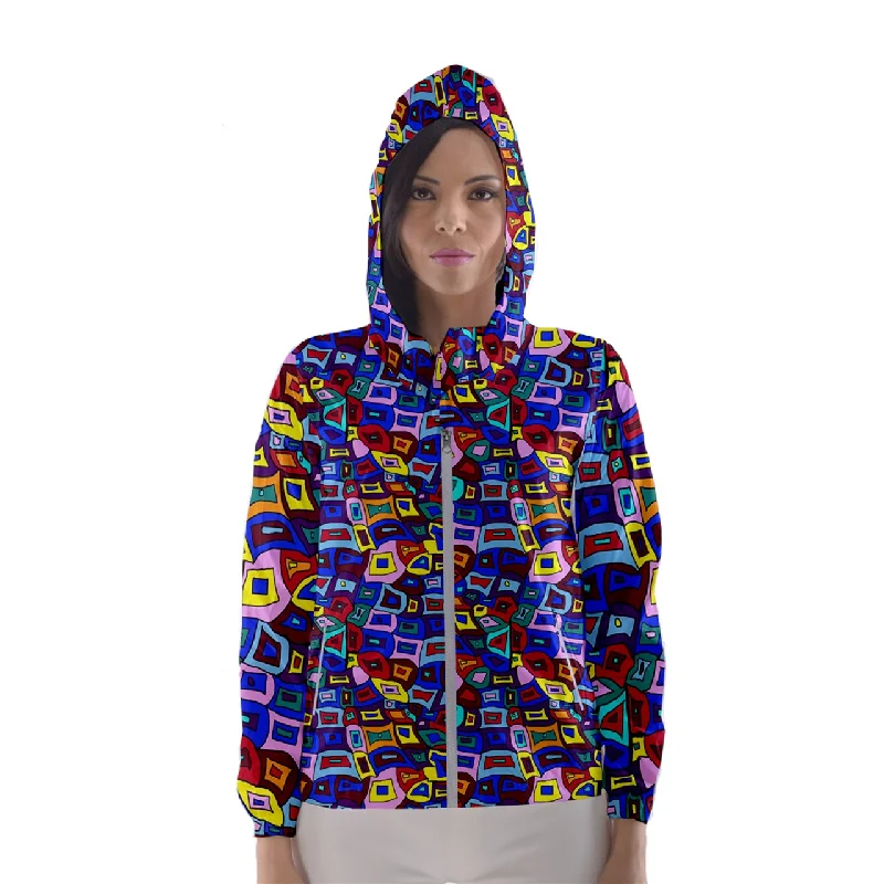 Wavy Square Pattern Women's Hooded Windbreaker Hoodie with Hem Raw Edge Edgy Unfinished Wavy Square Pattern Women's Hooded Windbreaker Hoodie with Hem Raw Edge Edgy Unfinished