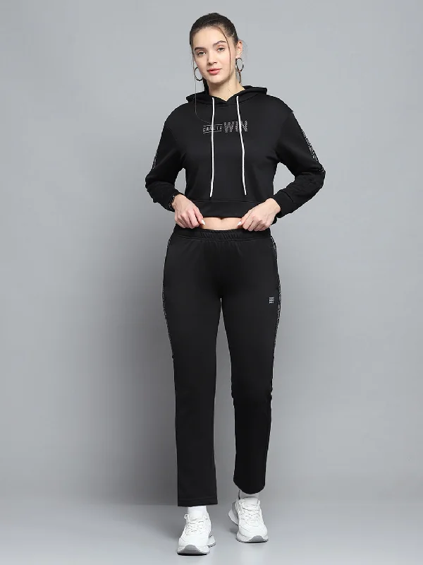 Women Black Printed Hooded Full Sleeve Tracksuit Hoodie with Button Classic Timeless Women Black Printed Hooded Full Sleeve Tracksuit Hoodie with Button Classic Timeless