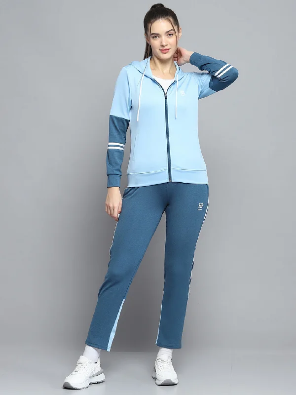 Women Blue Solid Hooded Full Sleeve Tracksuit Hoodie with Slit Hem Functional Movement Women Blue Solid Hooded Full Sleeve Tracksuit Hoodie with Slit Hem Functional Movement