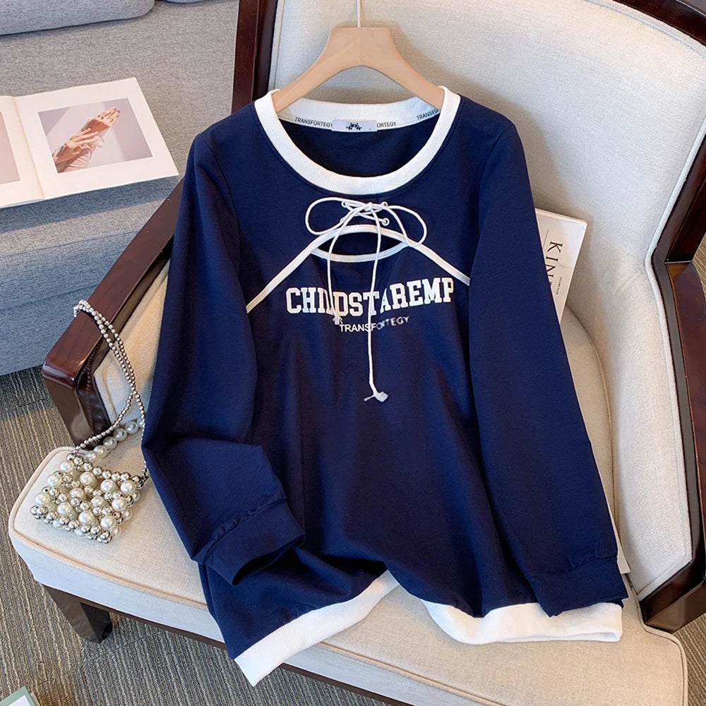 Women's Royal Blue Letter Print Hoodie Loose Fit Hoodie with Distressed Vintage Worn Women's Royal Blue Letter Print Hoodie Loose Fit Hoodie with Distressed Vintage Worn