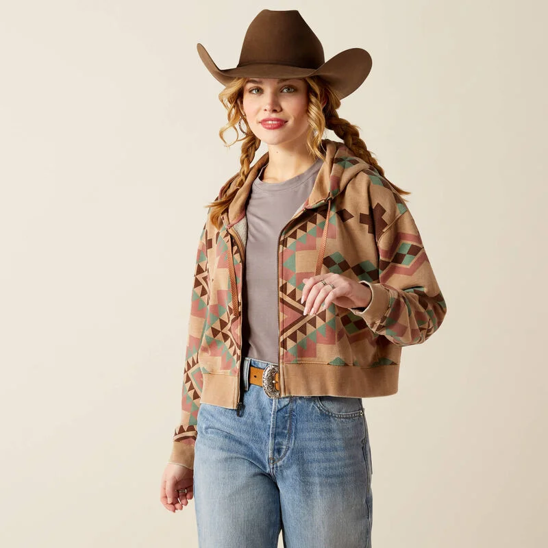 Ariat Women's Sunset Spark Geo Print Full Zip Cropped Hoodie 10053962 Hoodie with Ribbed Cuffs Snug Fit Comfort Ariat Women's Sunset Spark Geo Print Full Zip Cropped Hoodie 10053962 Hoodie with Ribbed Cuffs Snug Fit Comfort