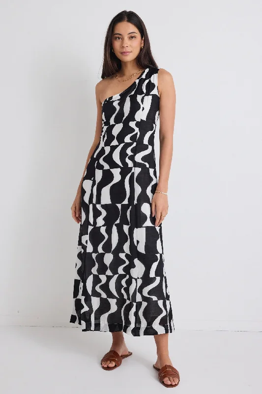 Conscious Black Wave Print One Shoulder Maxi Dress Comfortable Flowy Maxi Dress