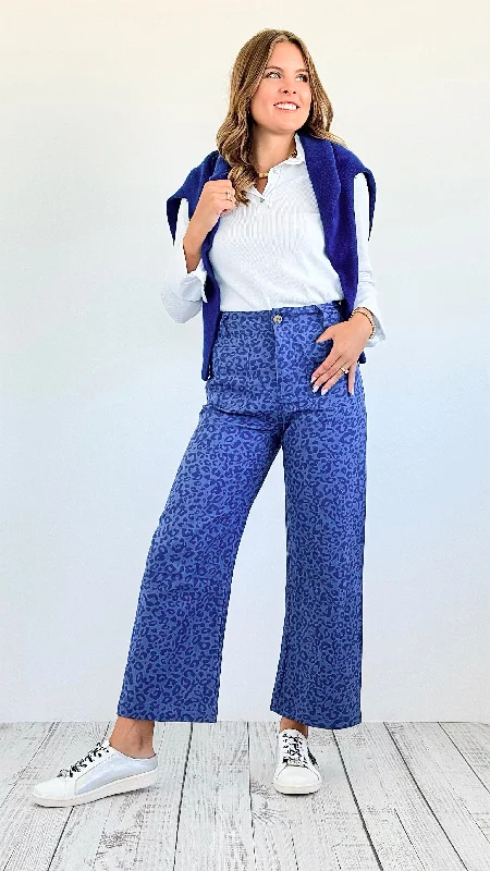 Bold Move Cropped Leopard Pants- Royal Blue Casual Wide Pants