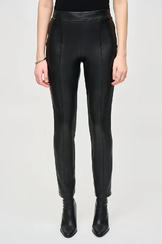 Bonded Leatherette Slim Fit Pants - Black Stylish Elastic Waist Pants