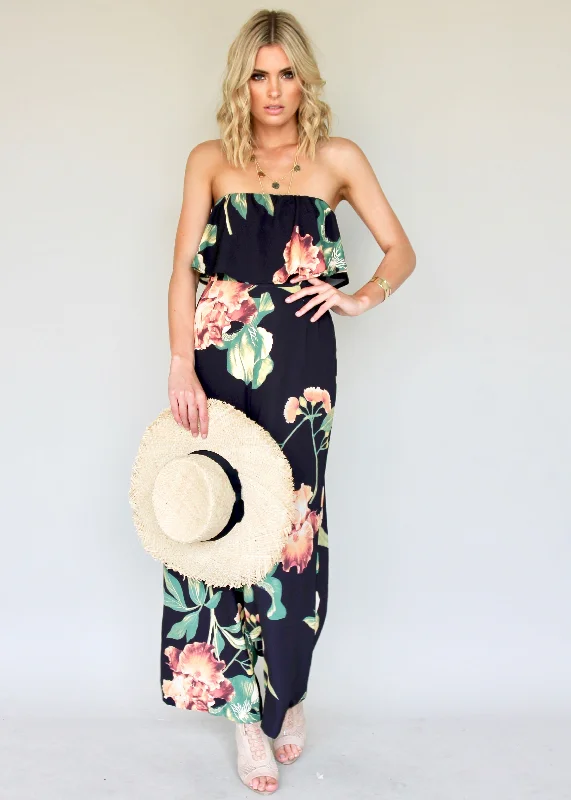 Burning Sun Strapless Pantsuit - Black Floral Fashionable Work Pants
