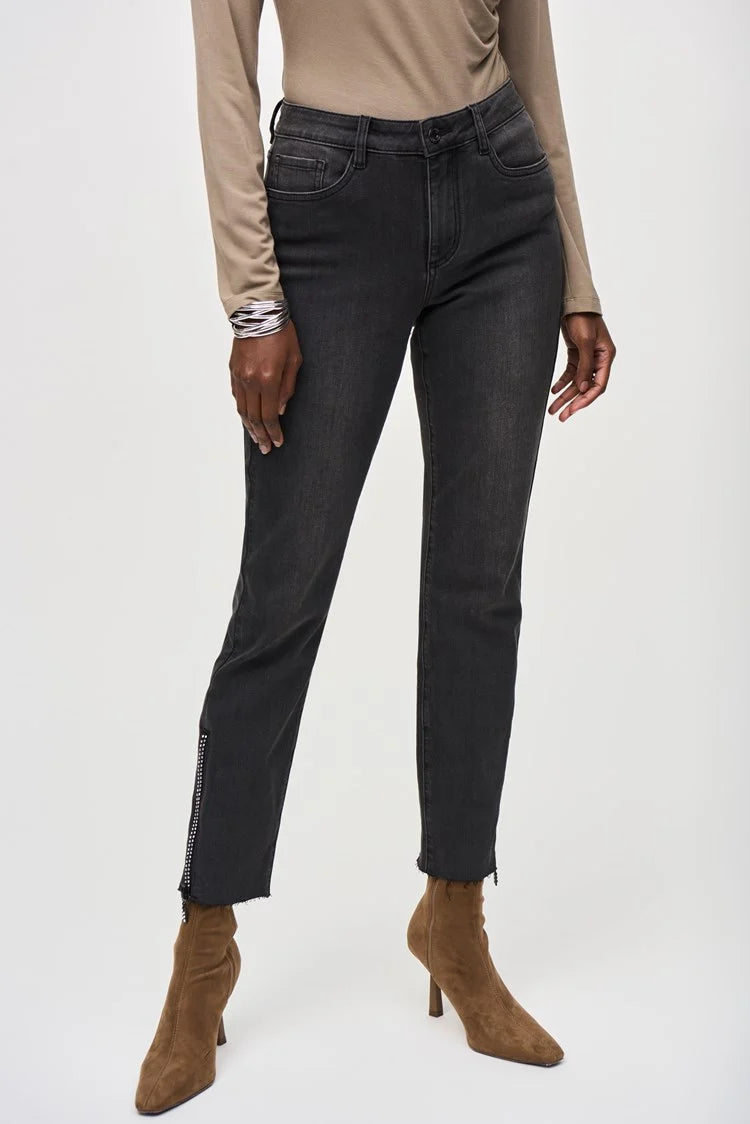Denim Pants With Rhinestones and Mesh Detail - Charcoal Grey Fashionable Tapered Leg Pants