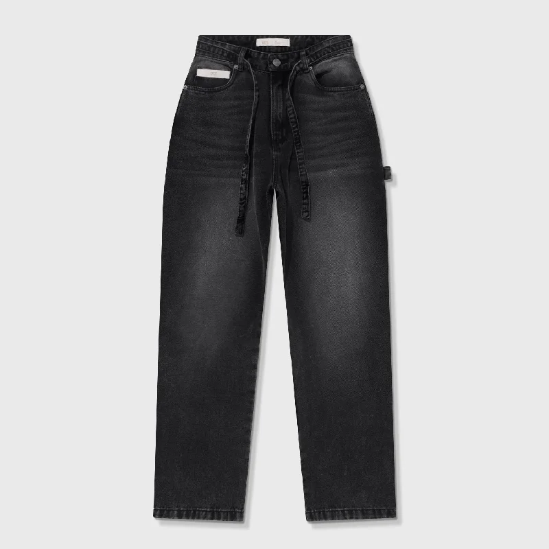 Dirty-Wash Wide-Leg Pants - Black Casual Skinny Fit Pants