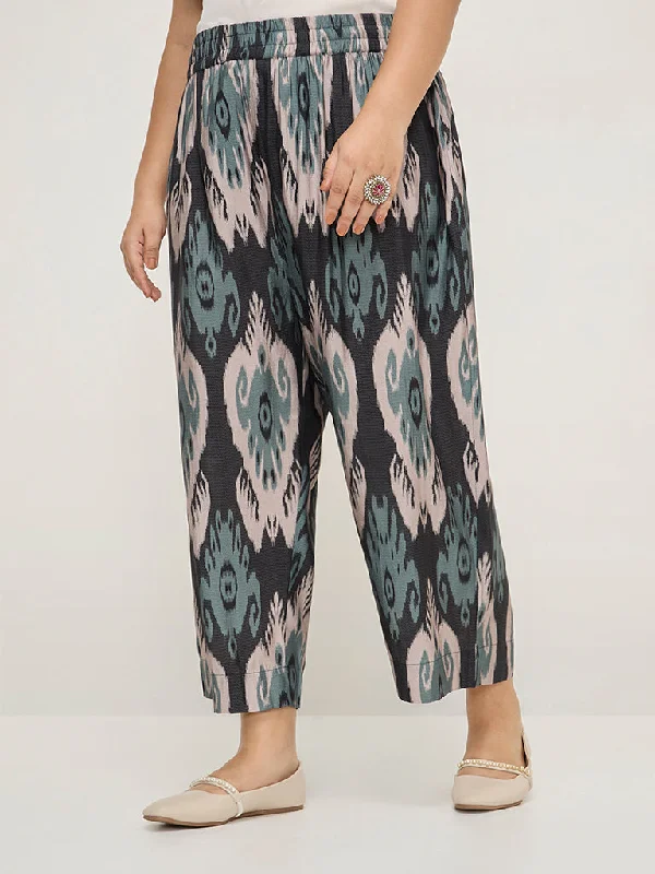 Diza Black Ikat-Printed High-Rise Ethnic Pants Classic Stretch Pants