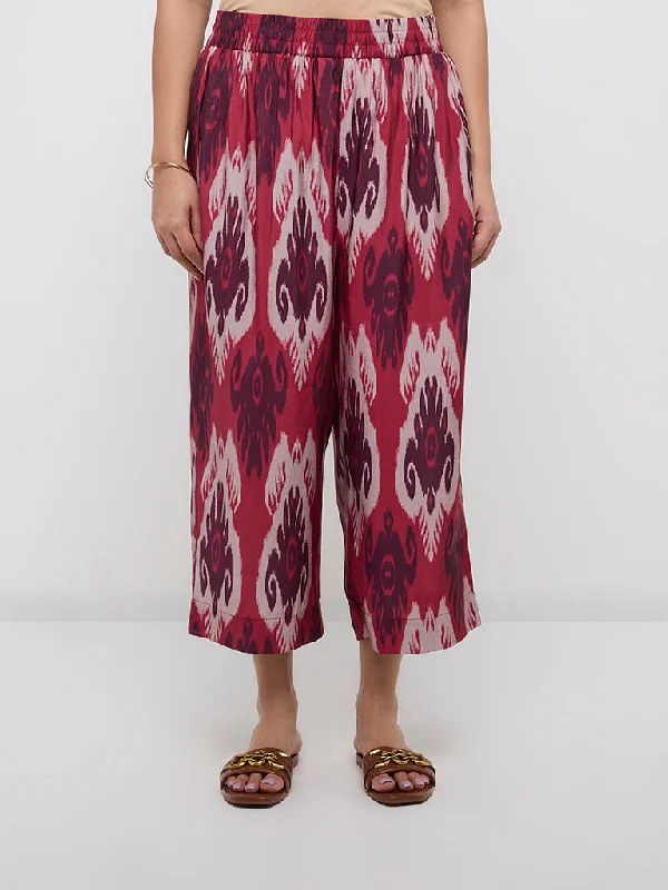 Diza Red Ikat Printed High-Rise Ethnic Pants Formal Linen Trousers
