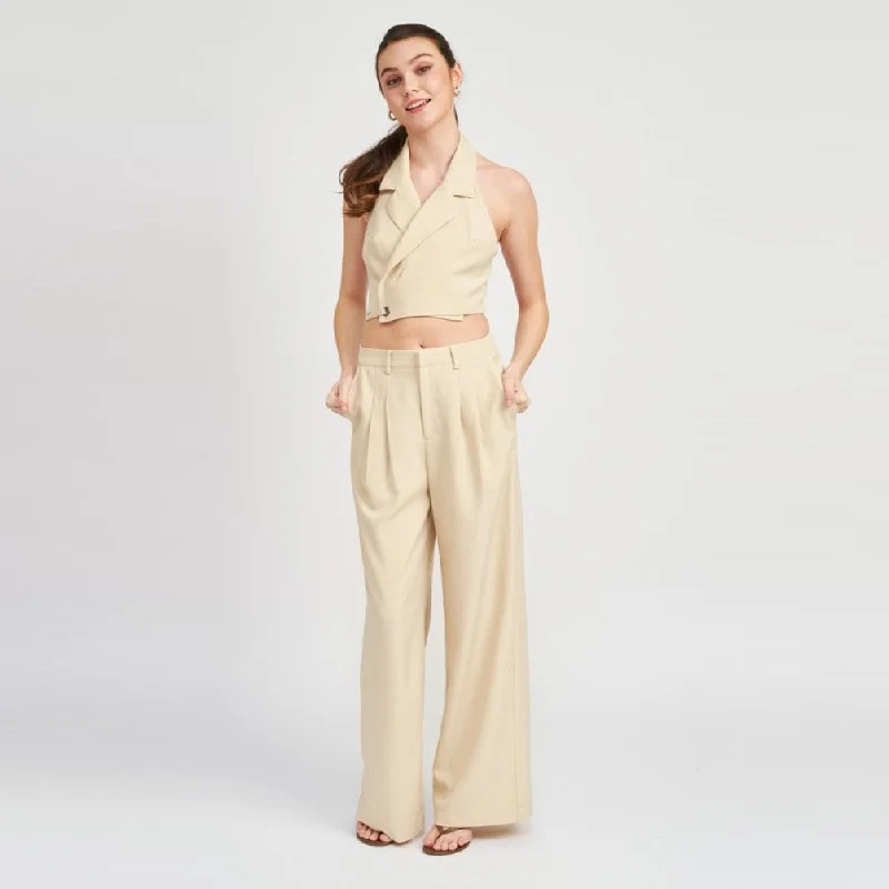 Full Length Pleated Pants (Light Taupe) Relaxed Linen Pants