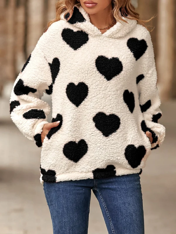 Fuzzy Heart Pocketed Dropped Shoulder Hoodie Hoodie with Hidden Zipper Minimalist Clean Fuzzy Heart Pocketed Dropped Shoulder Hoodie Hoodie with Hidden Zipper Minimalist Clean