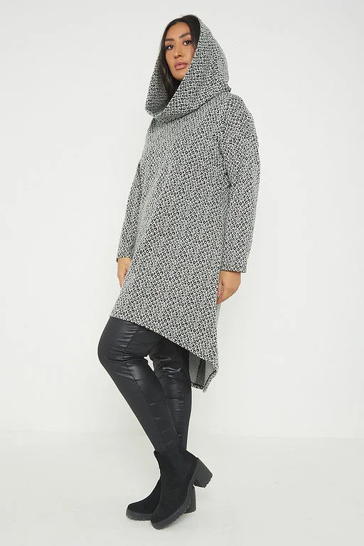 One Size Check Hooded Long Roll neck Top Hoodie with Double Zipper Versatile Adjustable One Size Check Hooded Long Roll neck Top Hoodie with Double Zipper Versatile Adjustable