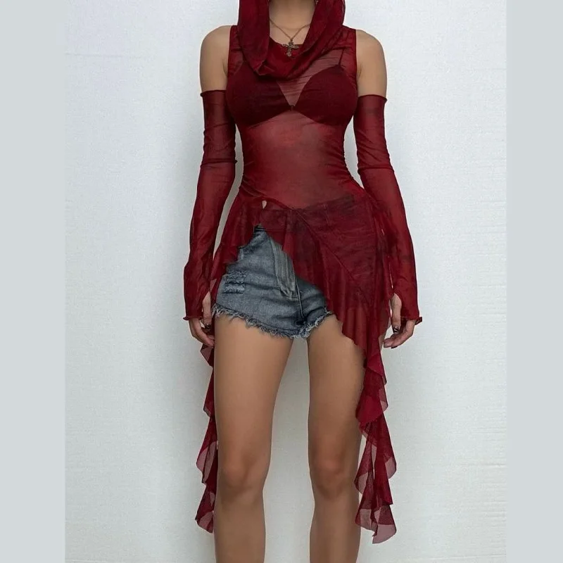 Hoodie cowl neck irregular gloves sheer mesh top Hoodie with Hem Raw Edge Edgy Unfinished Hoodie cowl neck irregular gloves sheer mesh top Hoodie with Hem Raw Edge Edgy Unfinished