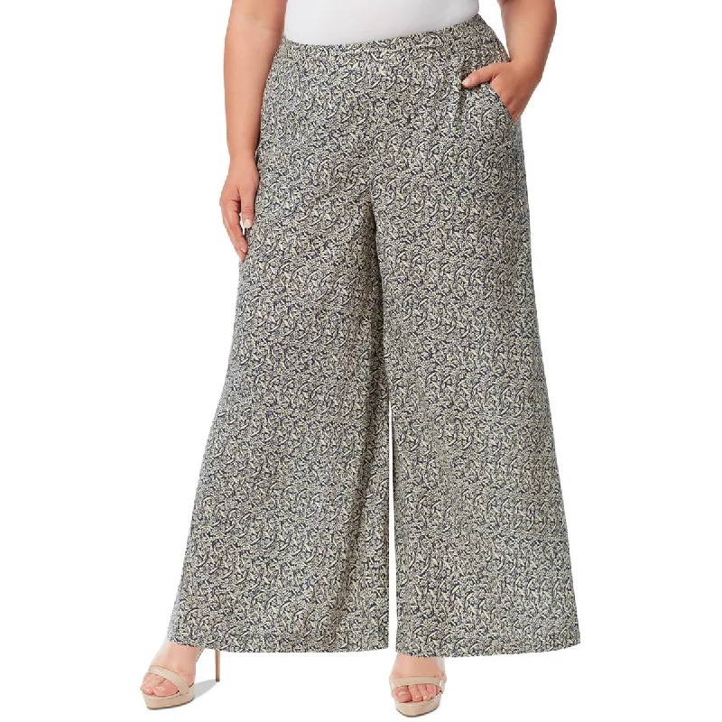 Jessica Simpson Womens Plus Shaye Mid Rise Printed Wide Leg Pants Comfortable Fleece Pants