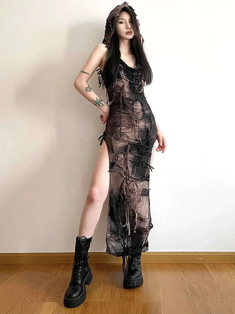 Tassel Sleeveless High Y2K Gothic Grunge Tie Fairy Midi Hooded Sexy Vintage Gown Dye Split Gown Hoodie with Tied Waist Feminine Flattering Tassel Sleeveless High Y2K Gothic Grunge Tie Fairy Midi Hooded Sexy Vintage Gown Dye Split Gown Hoodie with Tied Waist Feminine Flattering